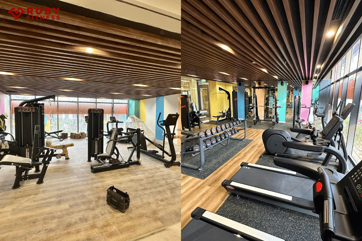 Hình ảnh trước và sau khi hoàn thiện dự án phòng gym resort Flamingo Hải Tiển