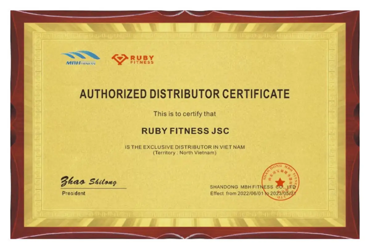 Hình ảnh chứng nhận phân phối chính hãng MBH của Ruby Fitness