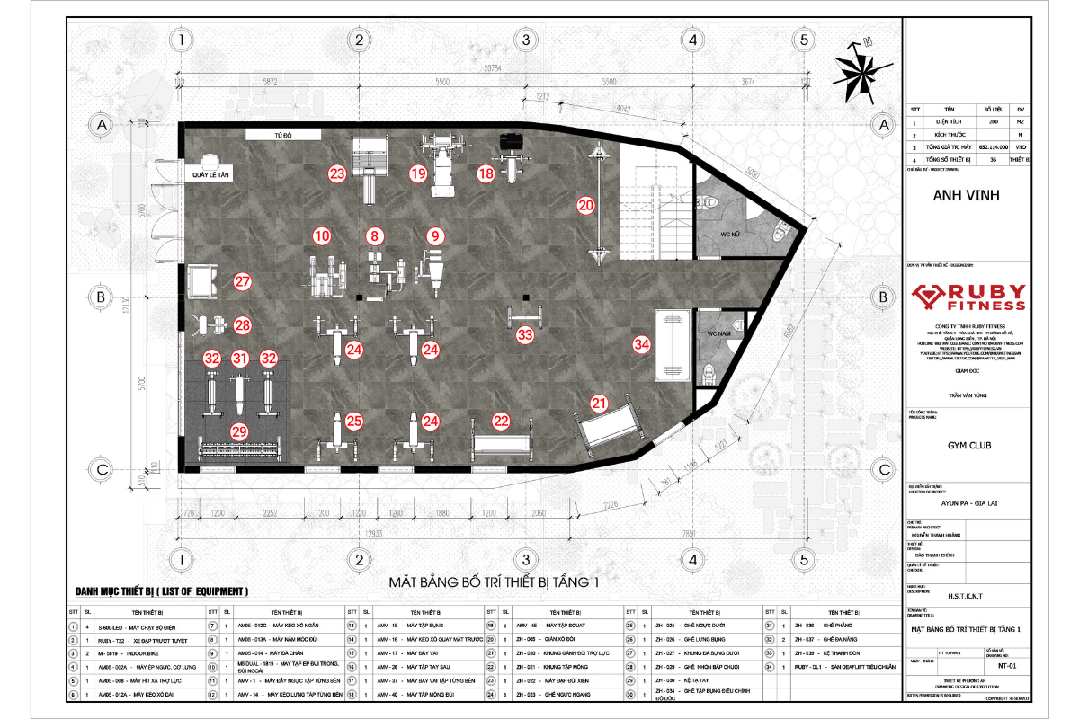 Hình ảnh layout 2D tầng 1 dự án Unity Fitness Gia Lai